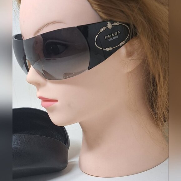Prada Sunglasses Shield Rimless Oversized Wrap Tinted Black Logo Y2K SPR 16H - Picture 1 of 16